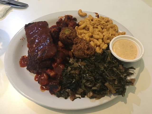 Photo of the dish “Combo plate with Fufish and soy curls, hush puppies, mac n cheese& salad”