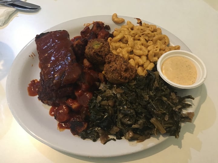 photo of Homegrown Smoker Combo plate with Fufish and soy curls, hush puppies, mac n cheese& salad shared by @yingnanensanen2017 on  22 Jan 2020 - review