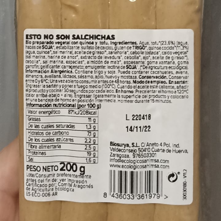 review photo of Ahimsa Bio Salchicha Quinoa y Tofu shared by @ineroux on 14 Nov 2022 - review