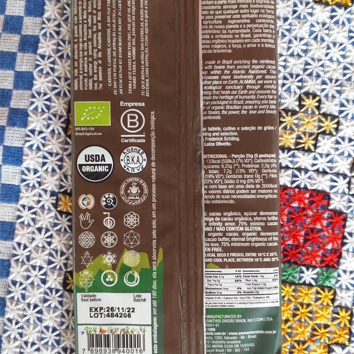 review photo of AMMA Chocolate 75% Organic Cacao shared by @minespab on 19 Jun 2022 - review