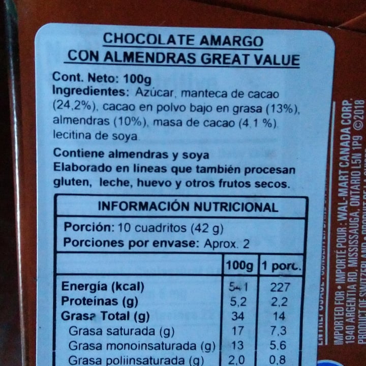 photo of Great Value  Chocolate con almendras shared by @catamartins on  28 Jun 2021 - review