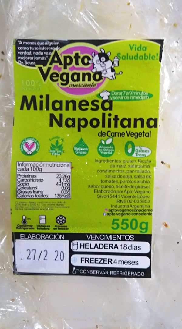 photo of Apto Vegano Consciente Milanesa Napolitana shared by @sofidamelio on  26 Mar 2020 - review