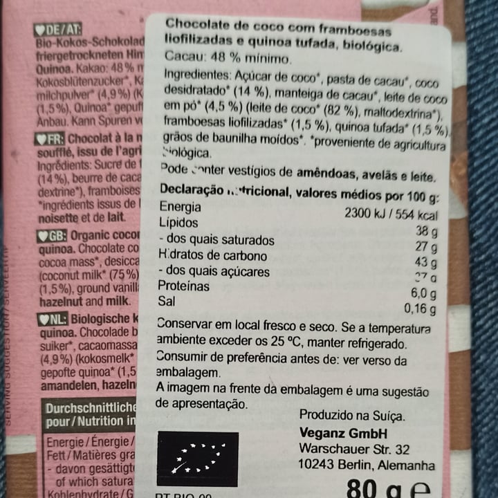 photo of Veganz Chocolate de coco com framboesas e Quinoa trufada shared by @fernandaheck on  07 Nov 2021 - review