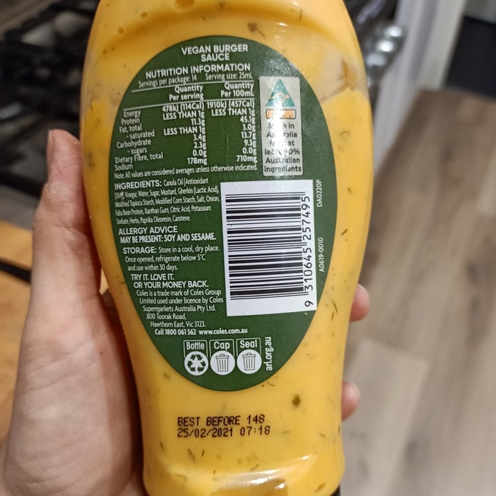 photo of Coles Vegan Special Burger Sauce shared by @plantbasedlans on  02 Jul 2020 - review