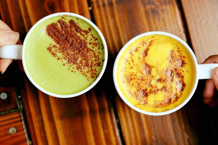 Matcha Protein Tea Latte(left), Golden Milk(right)