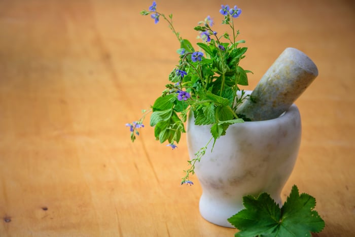 herbs in mortar and pestle