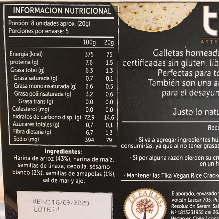 photo of Tika Vegan Rice Crackers Amapolas & Sésamo shared by @trinidadgs on  29 May 2020 - review