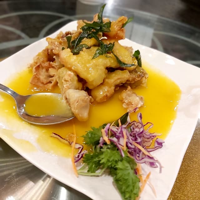 Photo of the dish “Deep Fried Abalone Mushroom with Special Pumpkin Sauce”