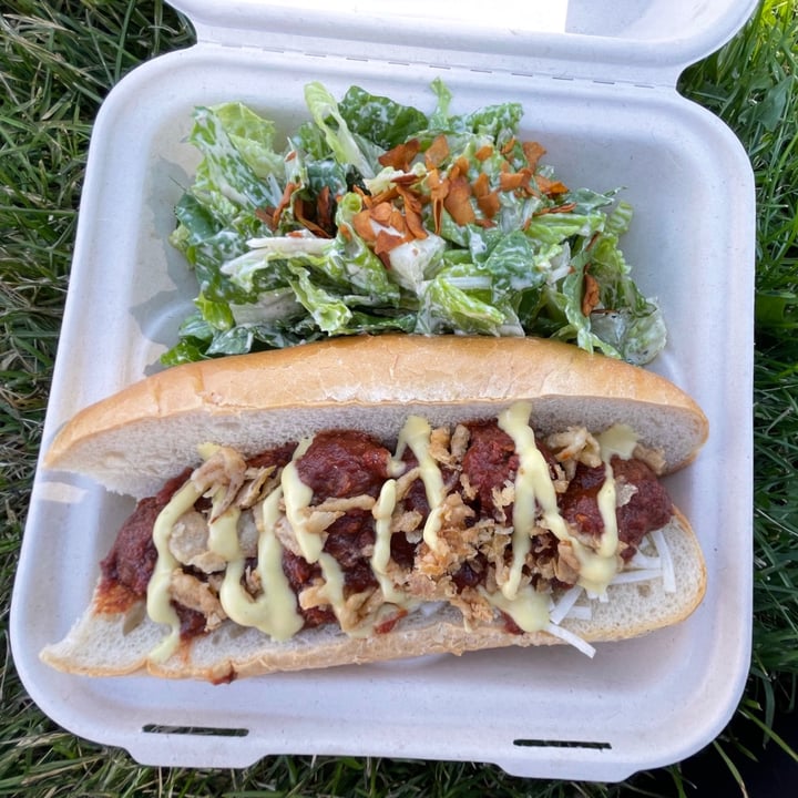 review photo of Hearts Choices Cafe Market Vegfest Caesar Salad & Meatball Sub shared by @freidaanimals on 05 Sep 2021 - review
