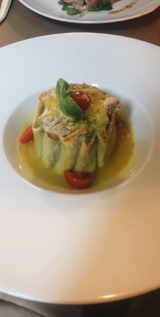 photo of Ristorante da Mario alla Fava Paccheri pasta stuffed with cream of artichoke with lemon, cherry tomatoes and panur with mint shared by @vsmith on  23 Jul 2019 - review
