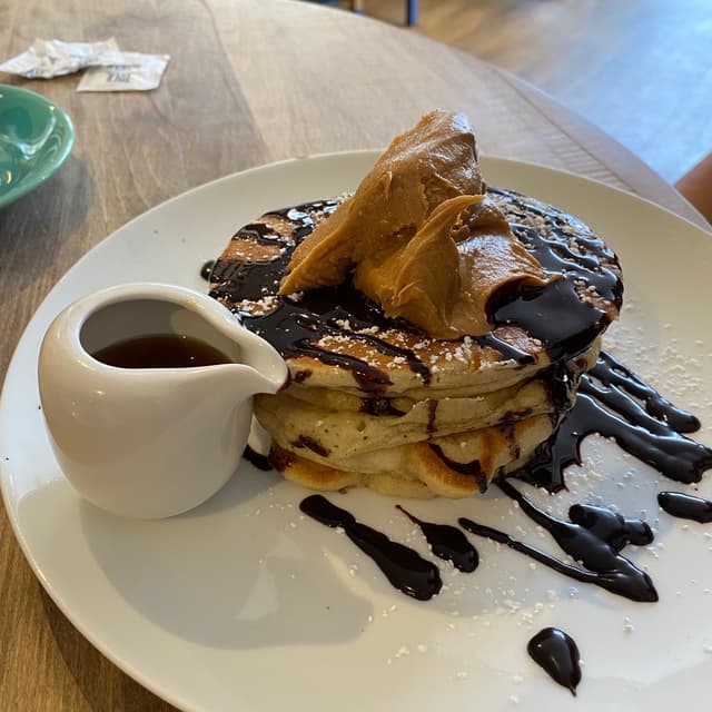Photo of the dish “Choc & Peanut Butter Pancake Stack”