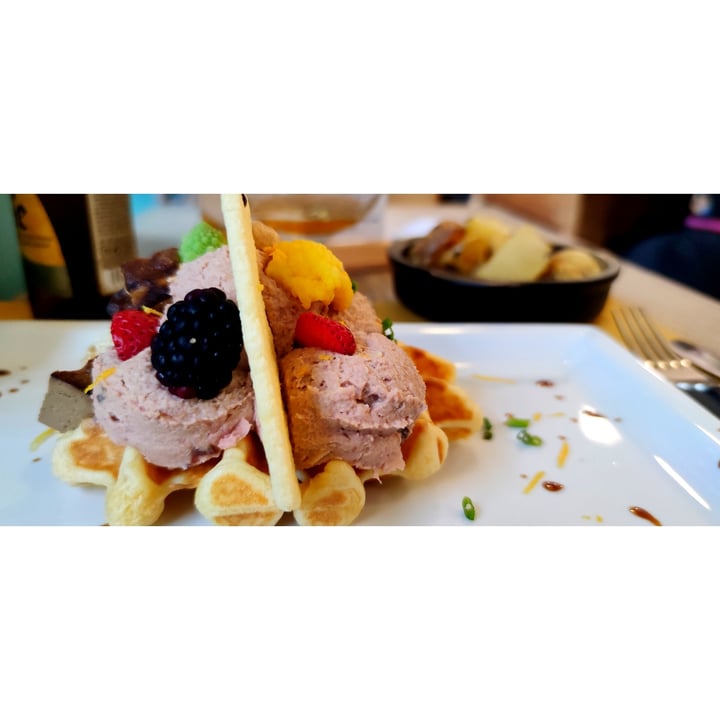 review photo of Crazy Cat Café Waffle con hummus di ceci e barbabietola, servito con una dadolata di tofu affumicato shared by @goveg on 03 Nov 2021 - review