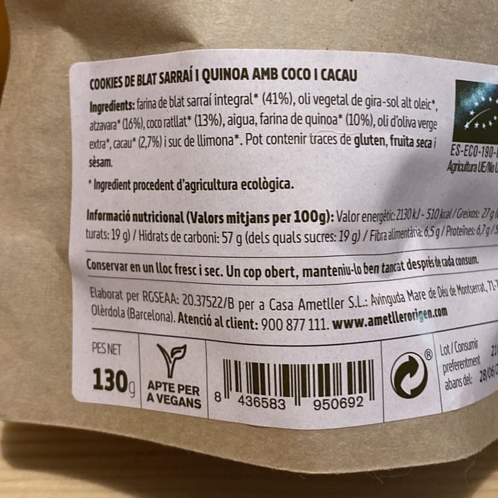 photo of Ametller Origen Cookies de Blat Sarraí i Quinoa amb Coco i Cacau shared by @giulia20 on  11 Nov 2021 - review