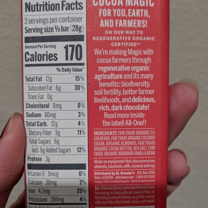 photo of Dr. Bronner's Magic salted whole almonds chocolate bar shared by @regimack on  27 Jan 2022 - review