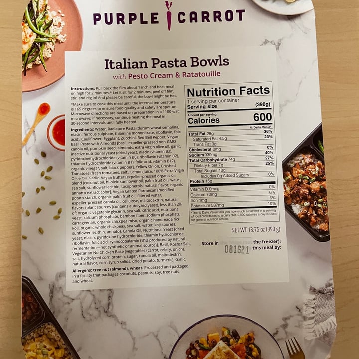 review photo of Purple Carrot Italian Pasta Bowl shared by @s10bee on 11 Aug 2021 - review