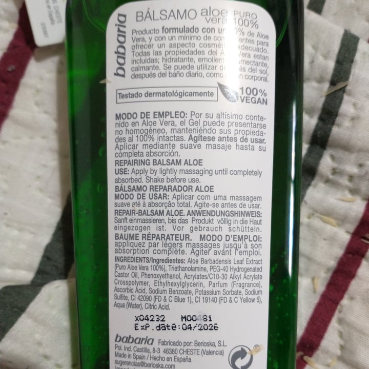 photo of Babaria Bio  Bálsamo Reparador Aloe Vera shared by @vegan-ana on  20 Jul 2021 - review