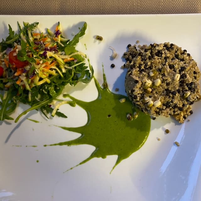 Photo of the dish “Timballo di tofu, quinoa, mandorle e lenticchie su crema al wasabi”