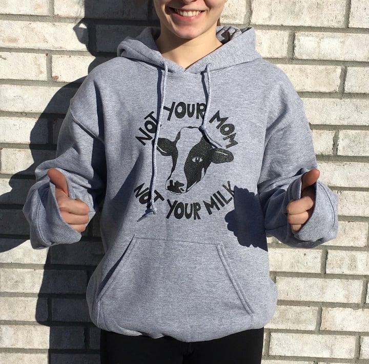 review photo of Vegan Veins Not your mom not your milk hoodie shared by @kateloveskale on 06 Apr 2020 - review