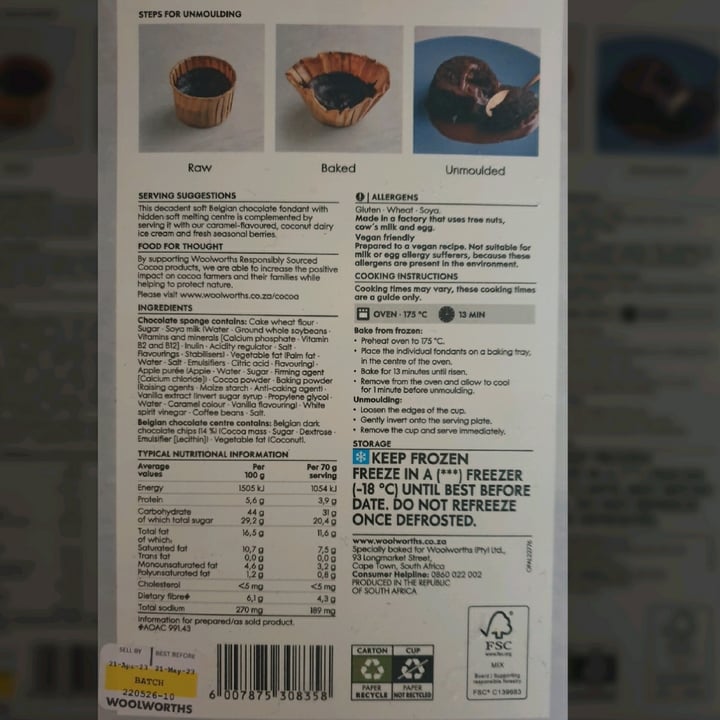 photo of Woolworths Food 6 Belgian Chocolate Fondants shared by @compassionate1candy on  02 Aug 2022 - review