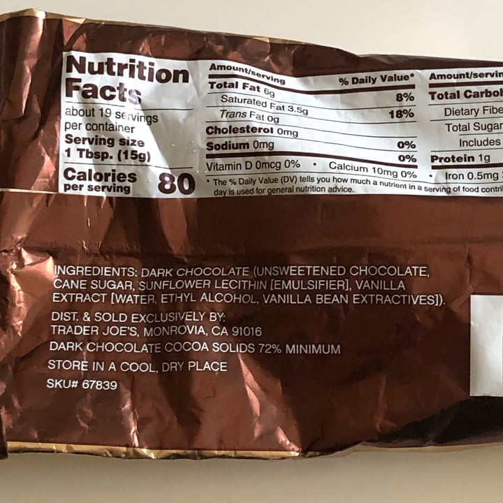 photo of Trader Joe's 72% Cacao Dark Chocolate Chips shared by @forksandplants on  11 Apr 2021 - review