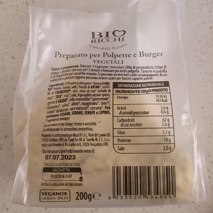 review photo of Bio Ricchi Cuore della Natura Preparato per polpette e burger vegetali shared by @chiara123 on 20 Jun 2022 - review