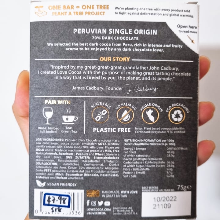 review photo of Love Cocoa by James Cadbury Peruvian 70% Dark Chocolate shared by @eatgrasswithme on 09 Apr 2022 - review