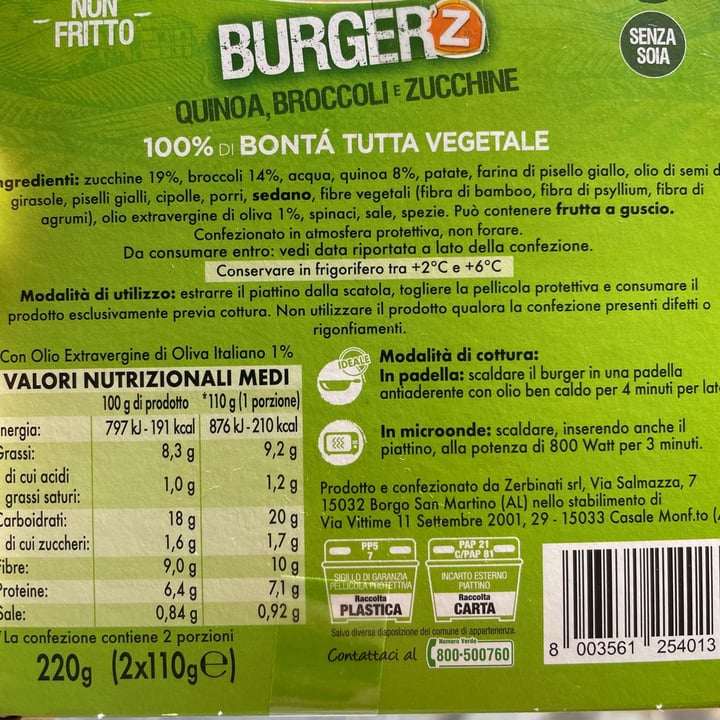 photo of Zerbinati Burger Quinoa, Broccoli E Zucchine shared by @misosoup on  04 Oct 2022 - review