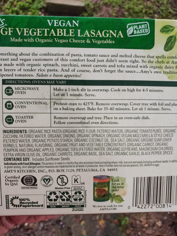 photo of Amy’s Vegan GF Vegetable Lasagna shared by @anbu on  19 Aug 2020 - review