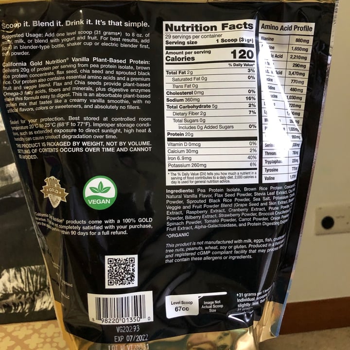 photo of California Gold Nutrition Vanilla Flavor Plant-Based Protein, Vegan, Easy to Digest, 2 lb (907 g) shared by @clav on  25 Jan 2021 - review