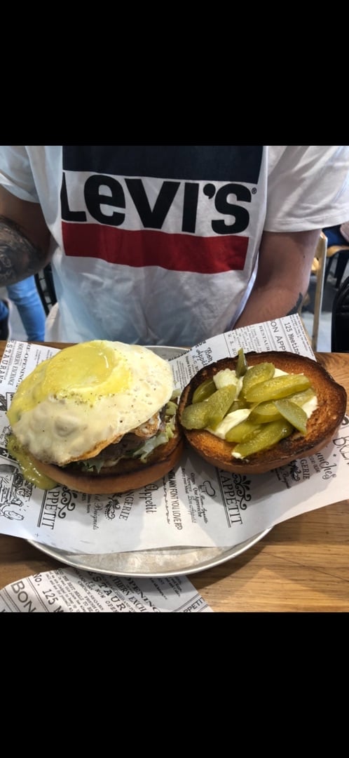 review photo of Goodness Beyond burger with “egg” topping shared by @taliamiri on 13 Apr 2020 - review