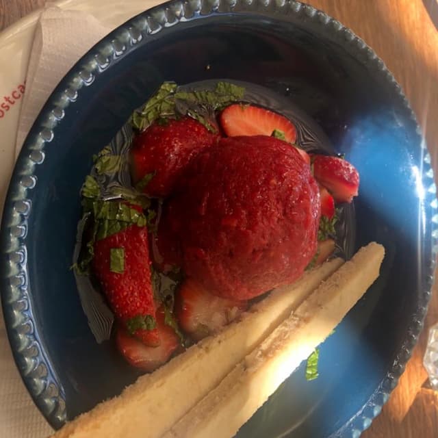 Photo of the dish “Berry and mint soup with berry sorbet and shortbread”