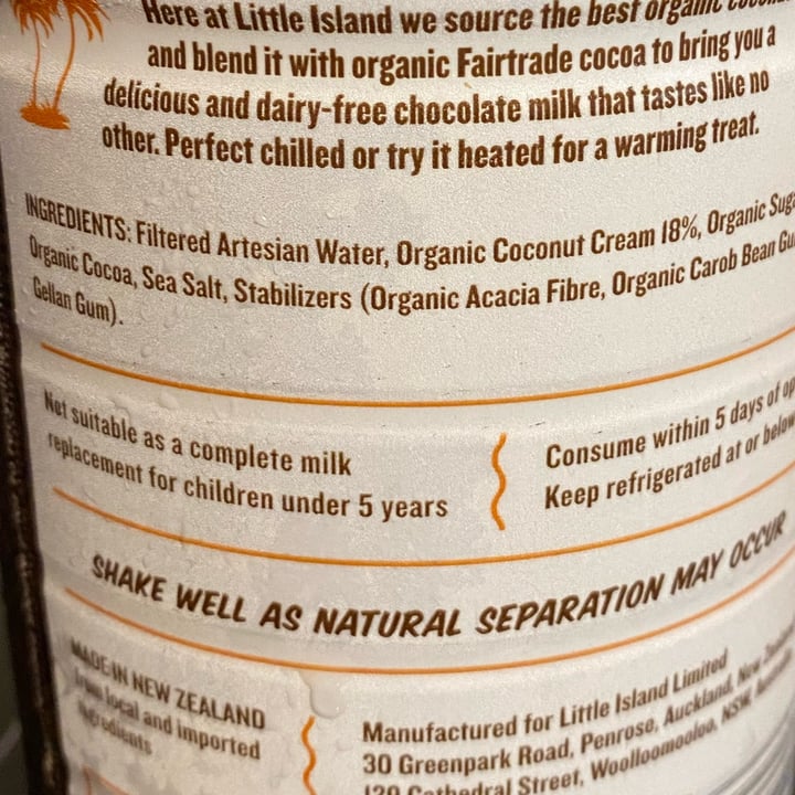 photo of Little Island Coconut Creamery Chocolate Organic Dairy Free Milk shared by @chefchrissy68 on  20 Feb 2022 - review