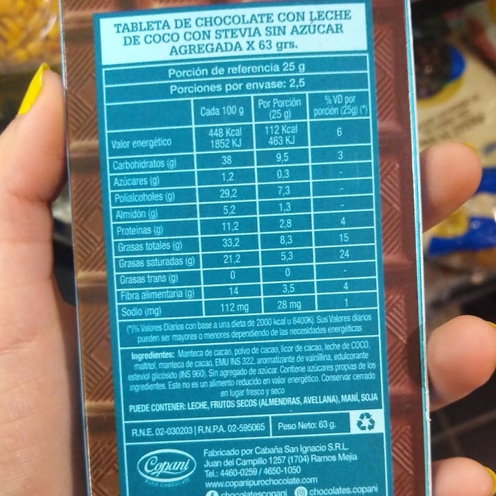 review photo of Copani Barra de chocolate con leche de coco endulzado con stevia shared by @tanivillasanti on 10 Jun 2021 - review