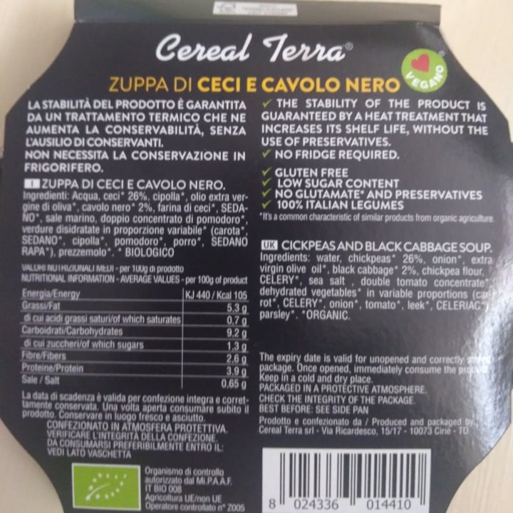 photo of Cereal Terra Zuppa Di Ceci E Cavolo Nero shared by @ssandrine on  01 Mar 2022 - review