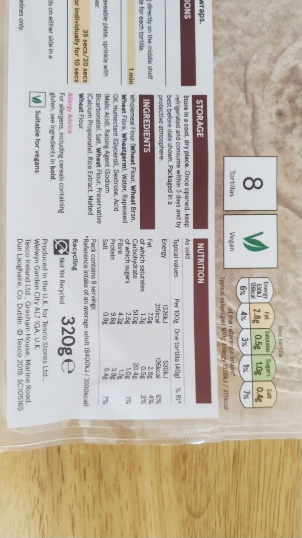 photo of Tesco Wholemeal Tortilla Wraps shared by @genuedean on  25 May 2020 - review