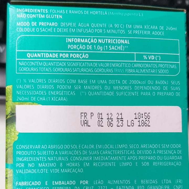 review photo of Chá Leão Chá de hortelã Leão shared by @corupasc on 28 Jun 2022 - review
