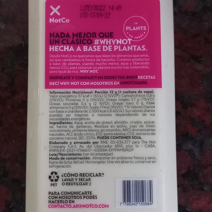 photo of NotCo Not Mayo Original shared by @rociogiselle on  21 Jul 2022 - review