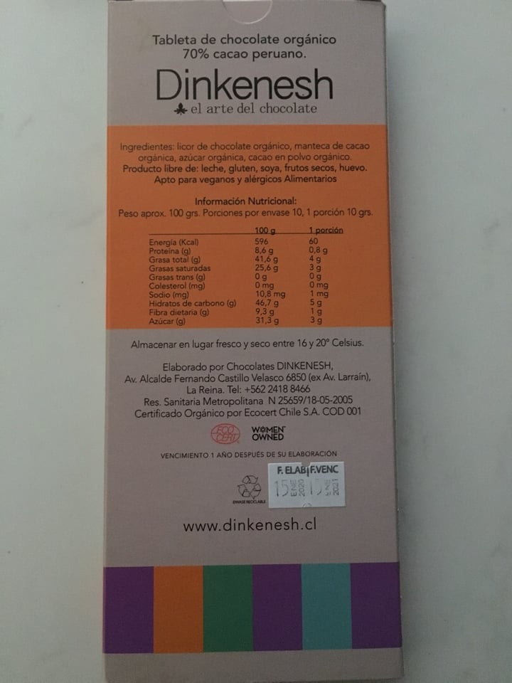 photo of Dinkenesh Chocolate Orgánico 70% Cacao shared by @romiulloac on  20 Feb 2020 - review