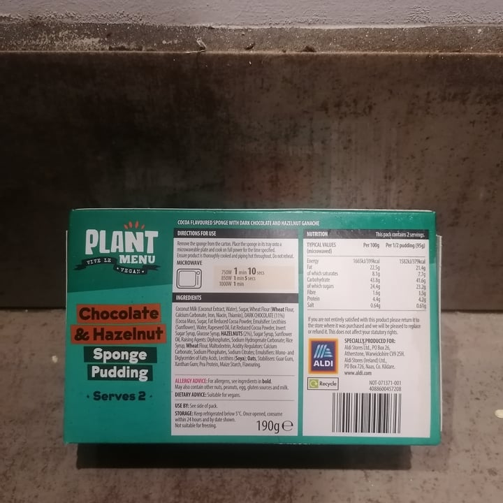 photo of Plant Menu Chocolate & hazlenut sponge pudding shared by @isabelless on  14 Feb 2022 - review
