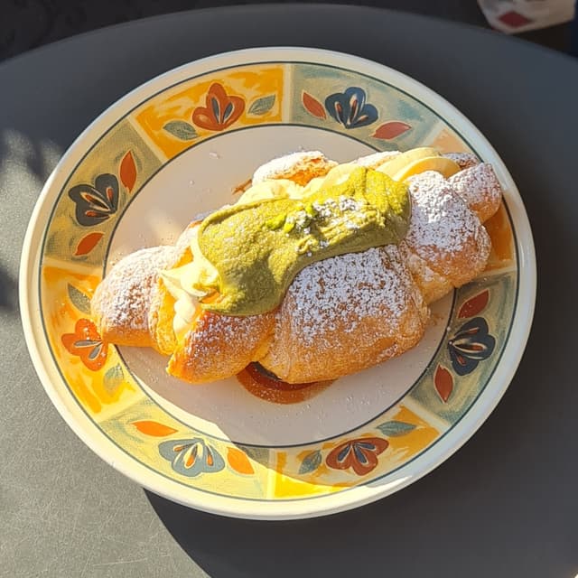 菜肴“Cornetto crema Chantilly e pistacchio”的照片