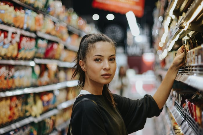 woman in a grocery store looking at the camera