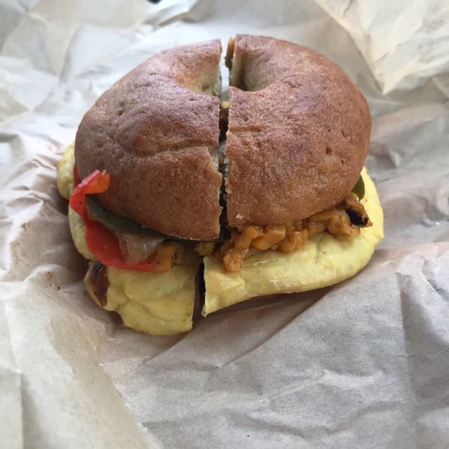 Photo of the dish “Bagel Sandwich With Grilled Peppers & Onions & Vegan Cheddar”