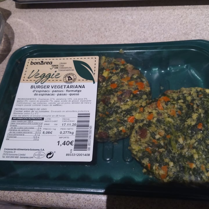 review photo of BonĂrea Burger vegana -d' espinacs, panses, formatge shared by @olgaentropia on 15 Nov 2020 - review