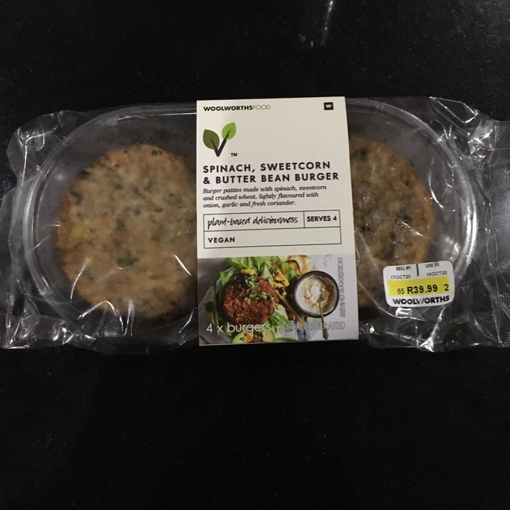 photo of Woolworths Food Spinach, Sweetcorn & Butter Bean Burger shared by @robin-lee on  13 Oct 2020 - review