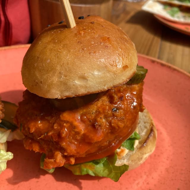 Photo of the dish “Nashville Hot With Ranch And Dill Pickle Slider Burger”