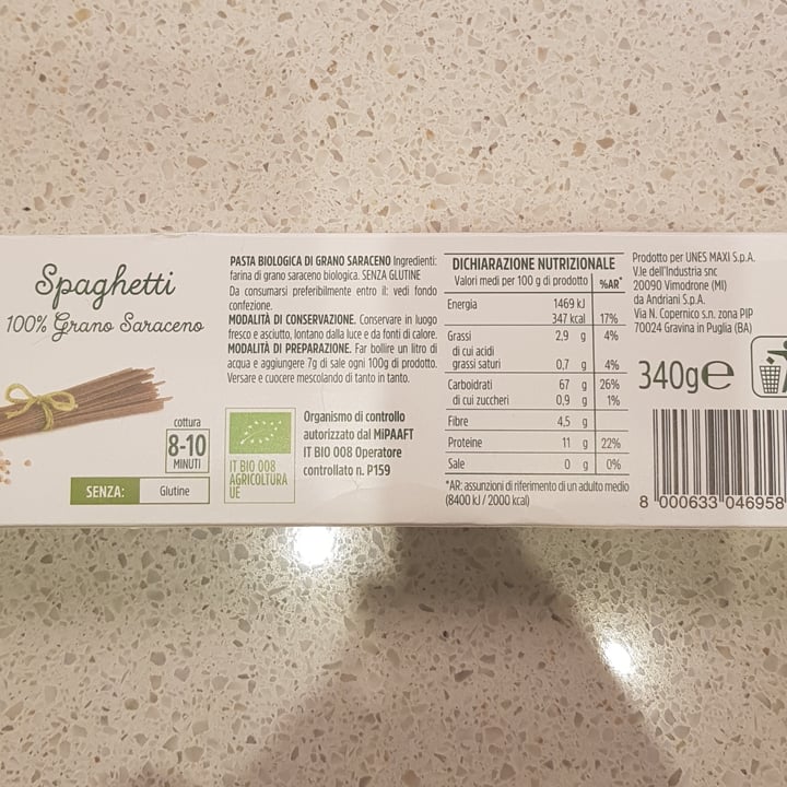 photo of Unes Maxi Spa Viaggiator Goloso Spaghetti 100% Grano Saraceno shared by @dany1605vegan on  07 Jan 2022 - review