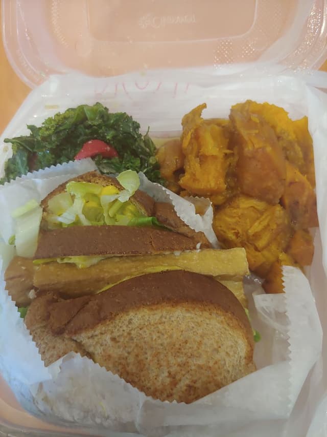 Photo of the dish “Tofu Avocado Club with Sweet Potatoes and Red Wine Kale”