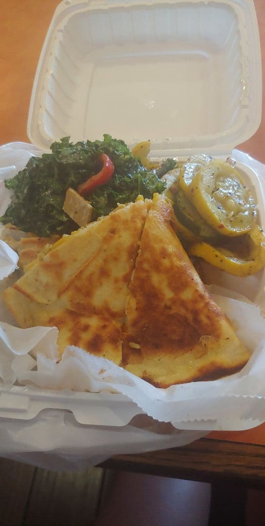 Photo of the dish “Vegan Chickn Quesadilla, Sauteed Squash, and Red Wine Kale Salad”