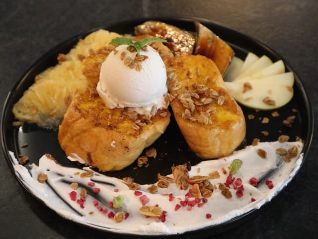 Photo of the dish “Bread Pudding, Coconut Flakes, Maple Syrup, Fruits”