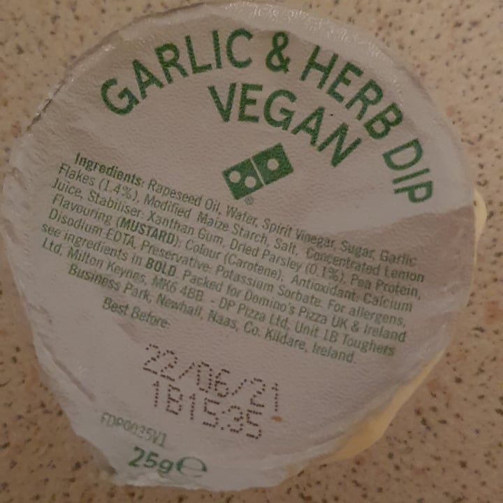 Domino's Pizza Thames Ditton United Kingdom Garlic and herb dip vegan